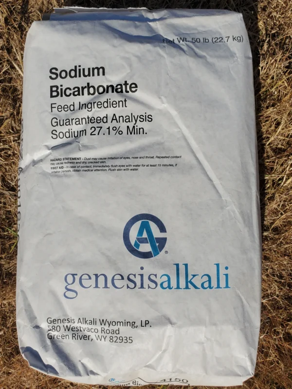 A bag of sodium bicarbonate sitting on the ground.