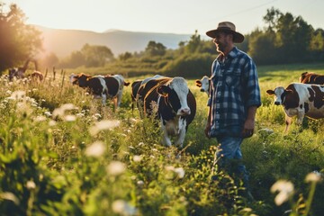 Sustainable farming: happy cows, nature, and food production.